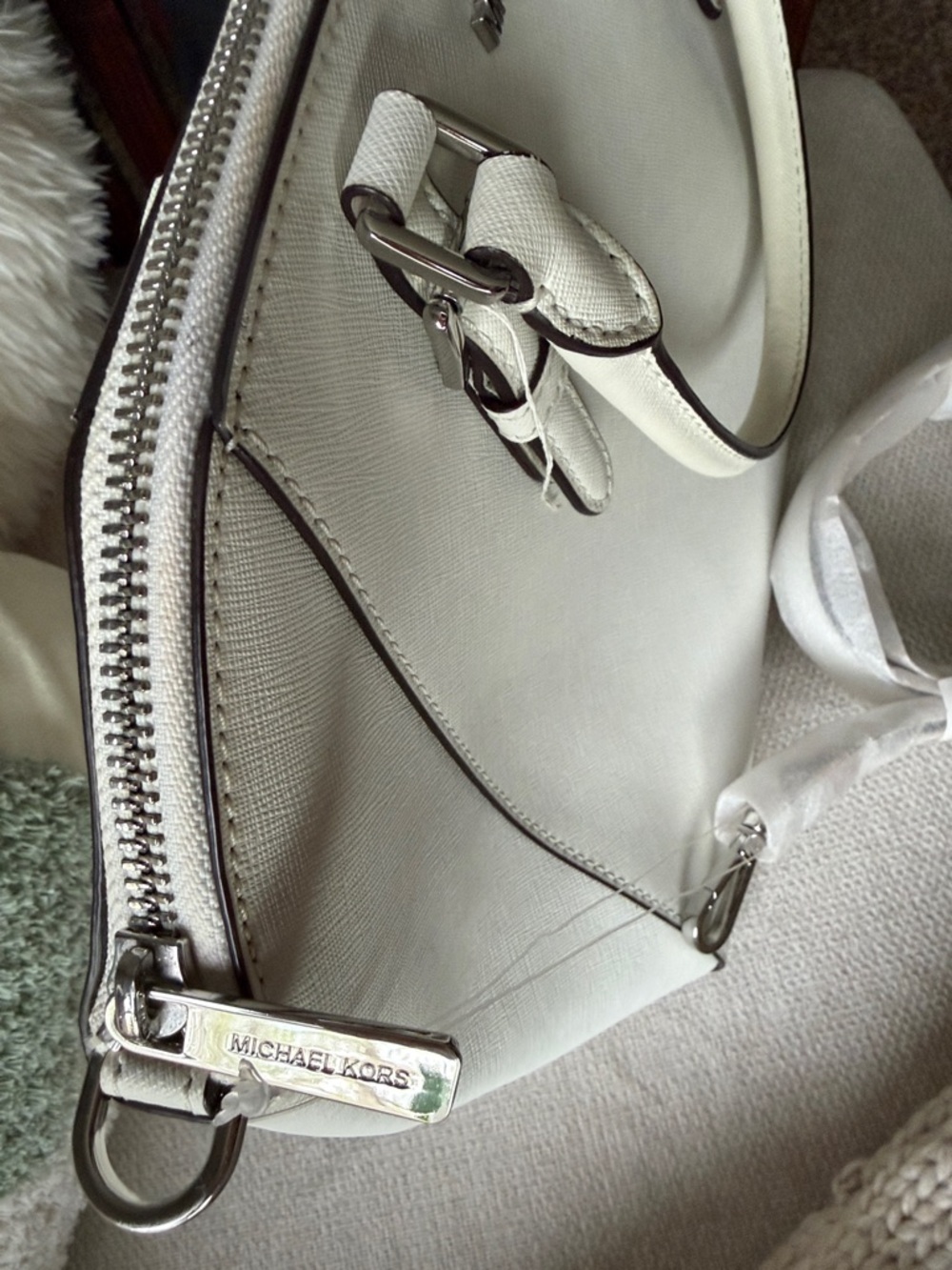 Michael Kors White Saffiano Leather Dome Satchel with MK Charm - Picture 8 of 10